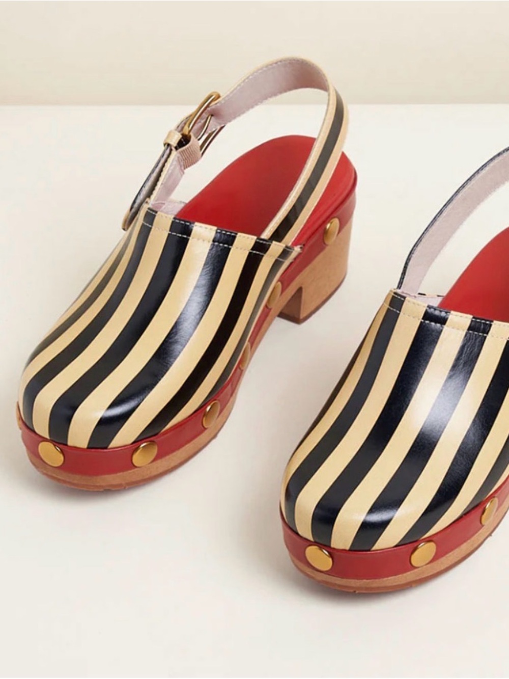 Charlotte Stone Cream & Black Striped Slingback Clogs Red Leather Gold Studs